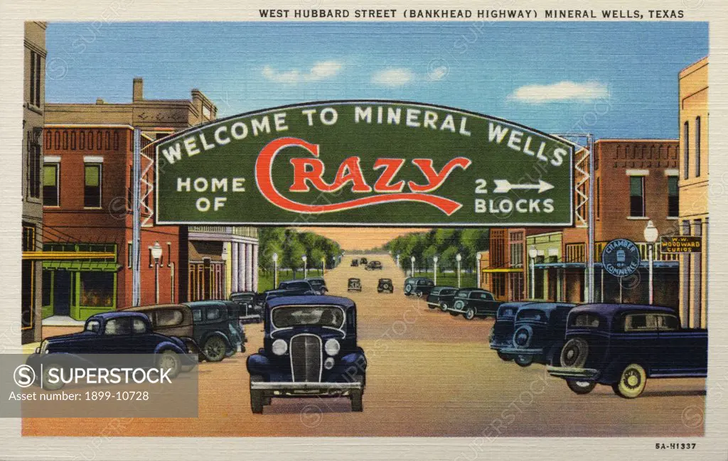 Welcome Sign in Mineral Wells. ca. 1935, Mineral Wells, Texas, USA, WEST HUBBARD STREET (BANKHEAD HIGHWAY) MINERAL WELLS, TEXAS 