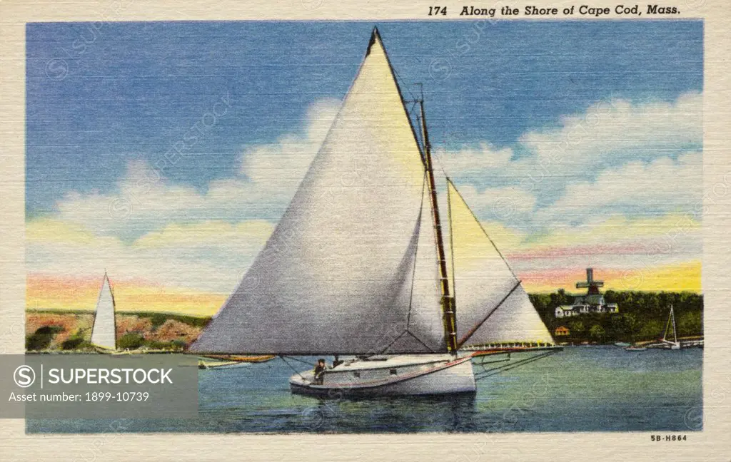 Sailboat near Shore of Cape Cod. ca. 1945, Massachusetts, USA, 174. Along the Shore of Cape Cod, Mass. 