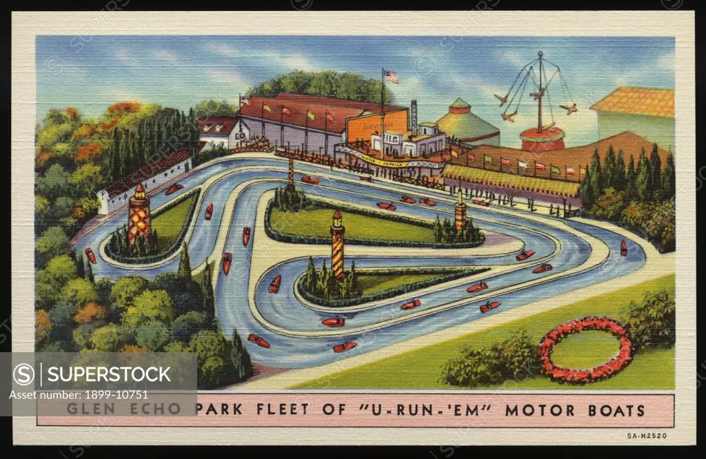 Motor Boats at Glen Echo Park. ca. 1935, Glen Echo, Maryland, USA, Located adjacent to the National Capital in the beautiful suburb of Glen Echo, Maryland, quickly reached by the De Luxe Capital Transit Street Cars or Conduit Road auto highway, and also by direct motor route via Massachusetts Avenue, GLEN ECHO PARK, the middle of September. It presents more than 50 features, including Dancing, Swimming in a Magnificent Pool with Seashore Sand Beach, Wholesome Diversified Attractions and the late