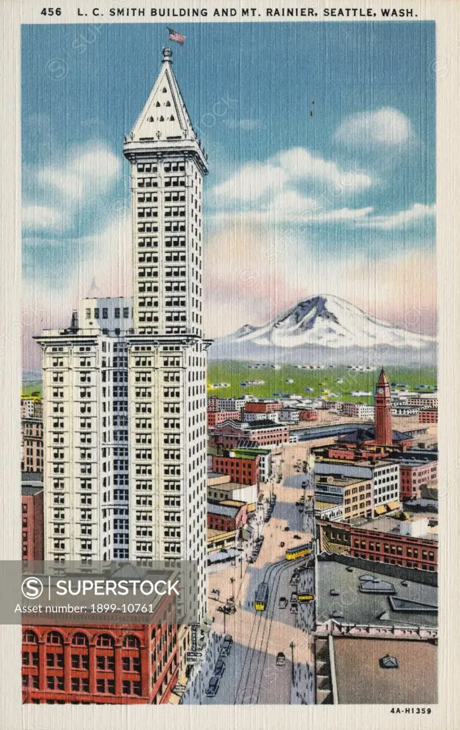 L.C. Smith Building and Mt. Rainier. ca. 1934, Seattle, Washington, USA, 456. L.C. SMITH BUILDING AND MT. RAINIER, SEATTLE, WASH. 
