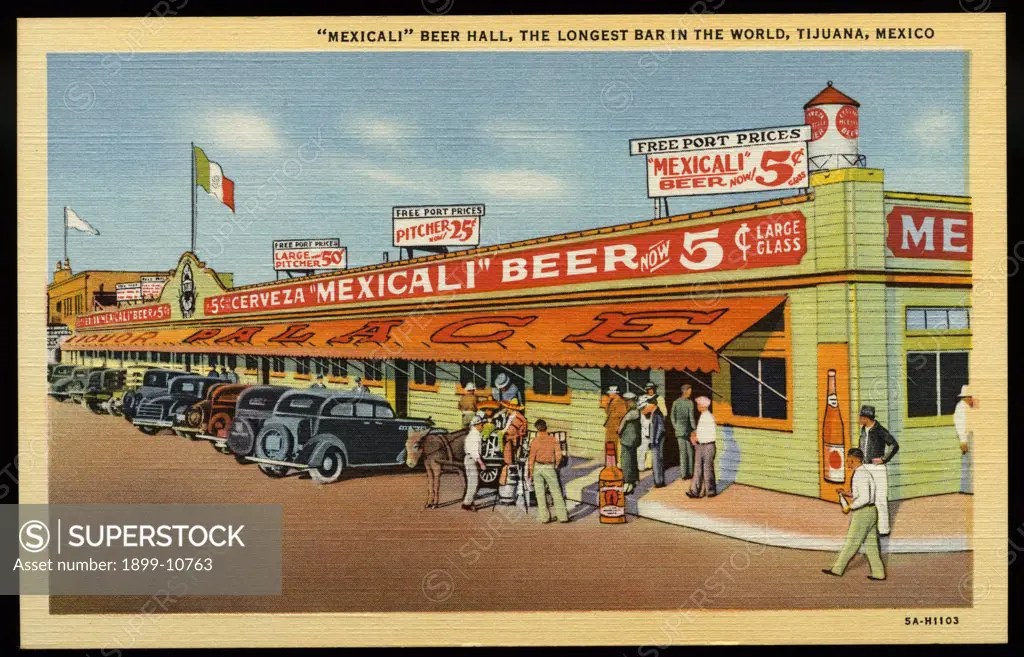 Mexicali Beer Hall. ca. 1935, Tijuana, Mexico, 'MEXICALI' BEER HALL, THE LONGEST BAR IN THE WORLD, TIJUANA, MEXICO 