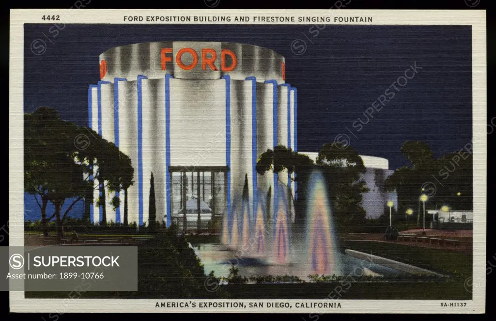 Postcard of Ford Exposition Building at California Pacific International Exposition. 1935, 4442. FORD EXPOSITION BUILDING AND FIRESTONE SINGING FOUNTAIN. AMERICA'S EXPOSITION, SAN DIEGO, CALIFORNIA FORD EXPOSITION BUILDING. At the south end of the Plaza de America is the Ford Motor Company's permanent steel and concrete building-located in a natural spot of beauty with the Firestone Singing Fountain in the foreground. 
