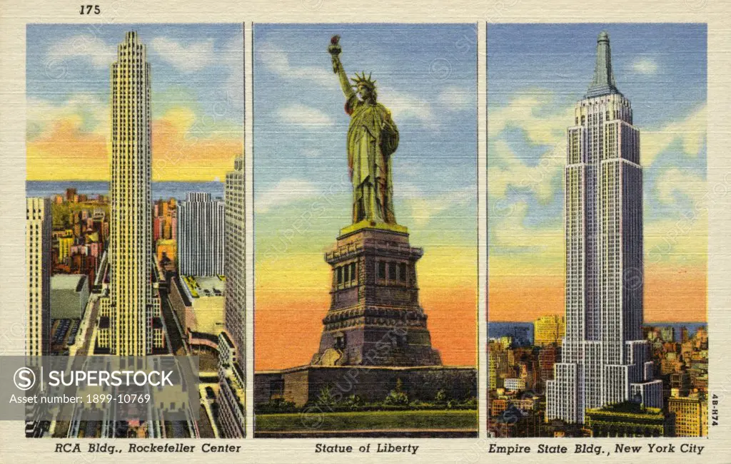 Statue of Liberty and Notable Skyscrapers. ca. 1944, New York, New York, USA, RCA Bldg., Rockefeller Center, Statue of Liberty, Empire State Bldg., New York City 