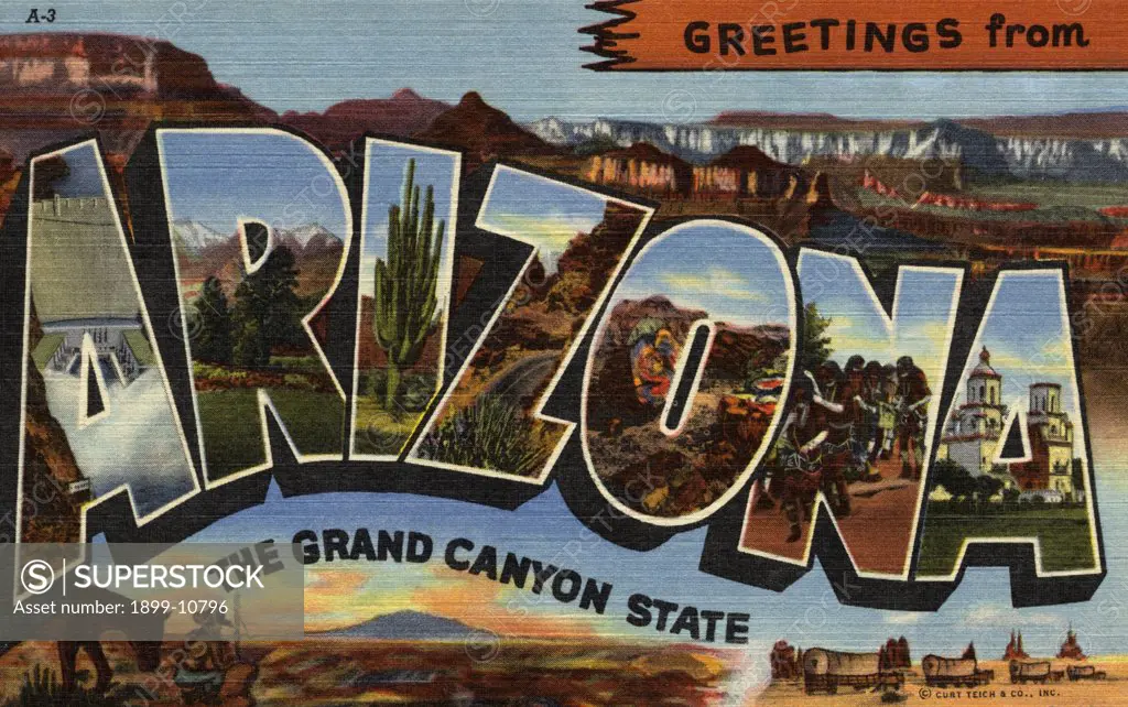 Greeting Card from Arizona. ca. 1944, Arizona, USA, A-Boulder Dam: R-San Francisco Peaks: I-Sahuaro Cactus: Z-Queen Creek Gorge: O-Petrified Forest: N-Hopi Snake Dance: A-San Xavier Mission 