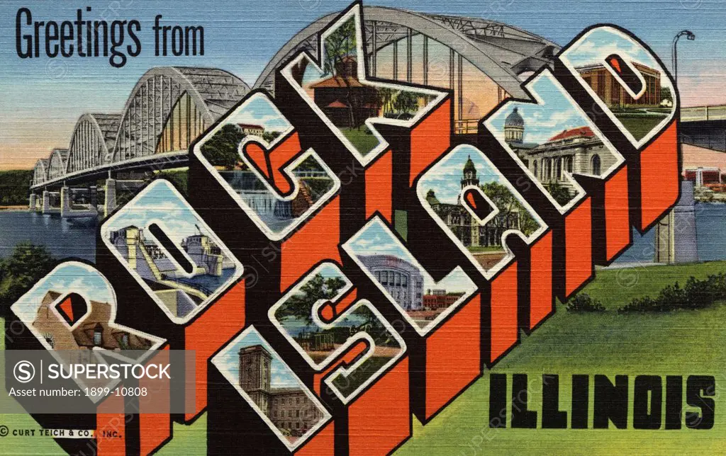 Greeting Card from Rock Island, Illinois. ca. 1944, Rock Island, Illinois, USA, R-Museum, Blackhawk State Park: O-Roller Dam and Locks: C-Rock River Dam: K-Fort Armstrong: I-Clock Tower Building: S-Sun Dial: L-New Armory: A-Court House: N-Augustana College and Library: D-New Million Dollar High School 