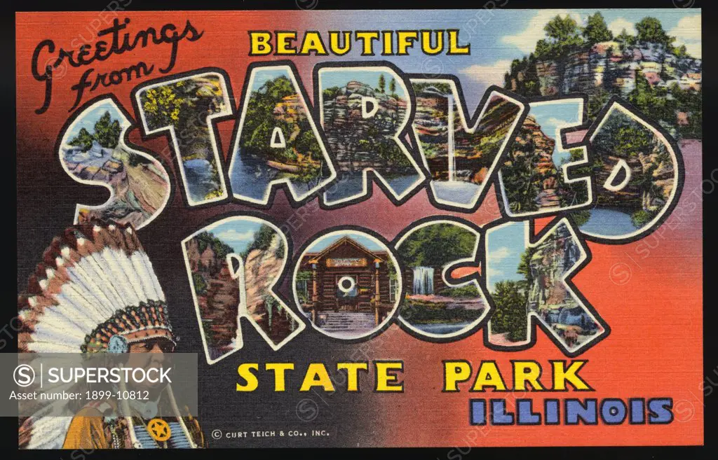 Greeting Card from Starved Rock State Park. ca. 1945, Starved Rock State Park, Illinois, USA, S-Pulpit Rock: T-Devil's Bath Tub: A-Lover's Leap: R-Eagle Cliff: V-St. Louis Canyon: E-Devil's Nose: D-Wildcat Canyon: R-The Tonti Canyon: O-Entrance to Lodge: C-Falls in La Salle Canyon: K-West Entrance 