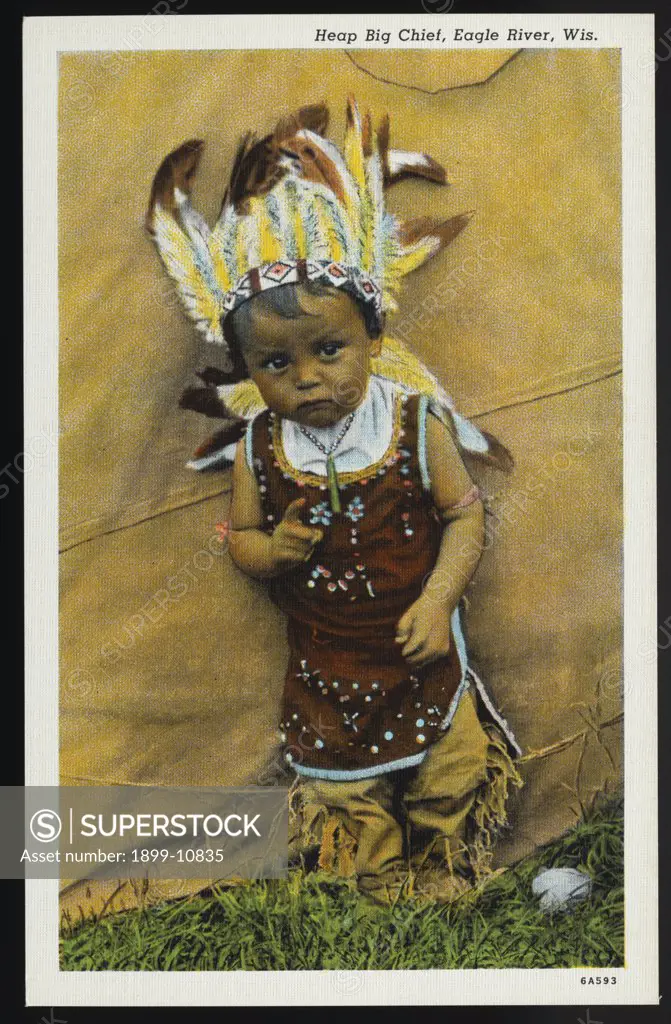 Indian Boy in Traditional Costume. ca. 1936, Eagle River, Wisconsin, USA, Heap Big Chief, Eagle River, Wis. 