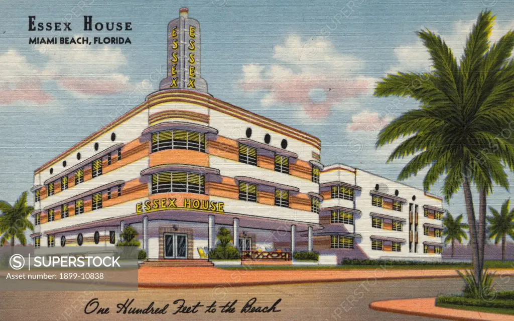 Essex House. ca. 1939, Miami Beach, Florida, USA, ESSEX HOUSE, MIAMI BEACH, FLORIDA. One Hundred Feet to the Beach. The ESSEX HOUSE. Collins Ave. at 10th St.-Miami Beach, Fla. Superb Location-Overlooking the Ocean-Tropical Garden Patio-Roof Solaria with modern facilities-Surf Bathing from your room-Private bath and shower in all rooms-Open all year.- Ownership-Management. Air-Conditioned rooms available. 100' to Auditorium-Phone: JE. 4-2991. 