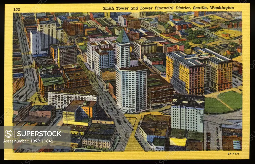 Lower Financial District of Seattle. ca. 1939, Seattle, Washington, USA, Smith Tower and Lower Financial District, Seattle, Washington. 