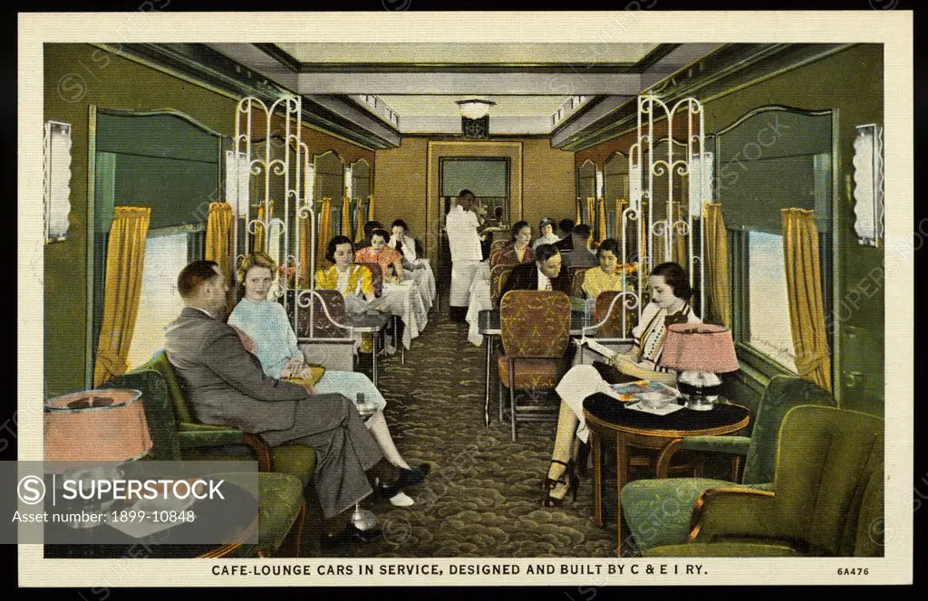 Passengers in Cafe-Lounge Train Car. ca. 1936, USA, CAFE-LOUNGE CARS IN SERVICE, DESIGNED AND BUILT BY C & E I RY. Operated by C & E I Ry. CHICAGO-ST. LOUIS, CHICAGO-EVANSVILLE, Chicago and Eastern Illinois Railway Co. 