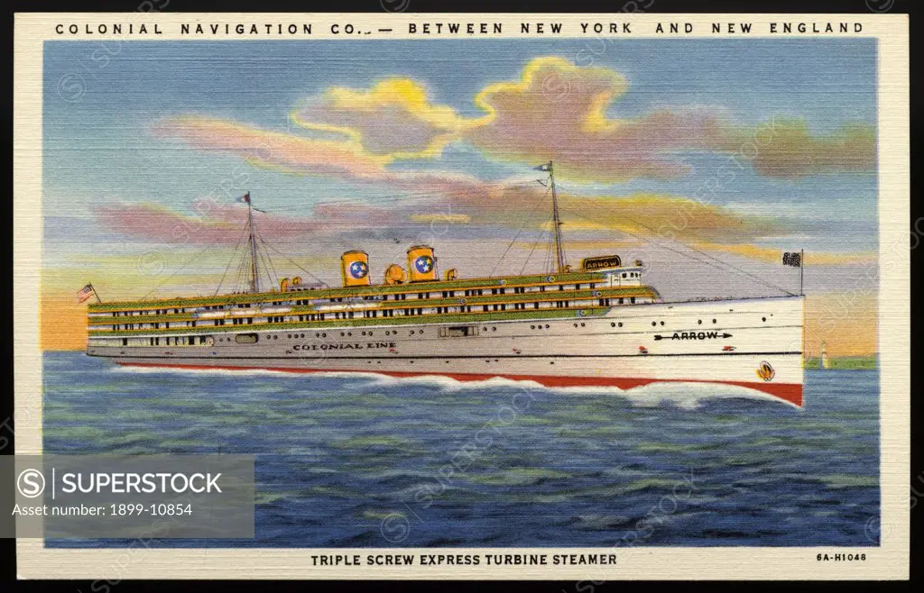 Colonial Line Steamer Arrow. ca. 1936, Northeastern USA, COLONIAL NAVIGATION CO.-BETWEEN NEW YORK AND NEW ENGLAND. TRIPLE SCREW EXPRESS TURBINE STEAMER. On board Colonial Line Steamer 'Arrow', between New York and Providence, R.I. 