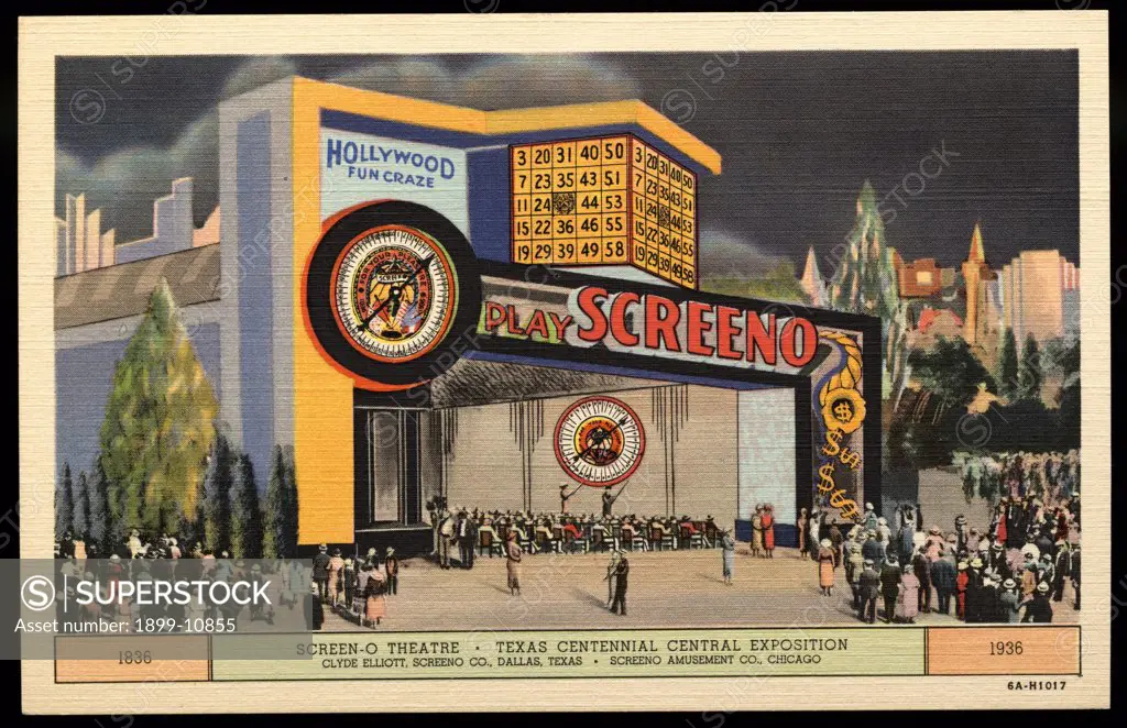 Screen-O Theatre at Exposition. ca. 1936, Texas, USA, 1836, SCREEN-O THEATRE, TEXAS CENTENNIAL CENTRAL EXPOSITION. CLYDE ELLIOTT, SCREENO CO., DALLAS, TEXAS. SCREENO AMUSEMENT CO., CHICAGO, 1936. SCREENO playing to over ten-million people in U.S. Theatres weekly. The greatest movie craze ever to sweep the country. SCREENO was selected by the Texas Centennial Central Exposition as it is a game that is distinctly different-one that cannot be controlled by human hands. It is exciting, entertaining,