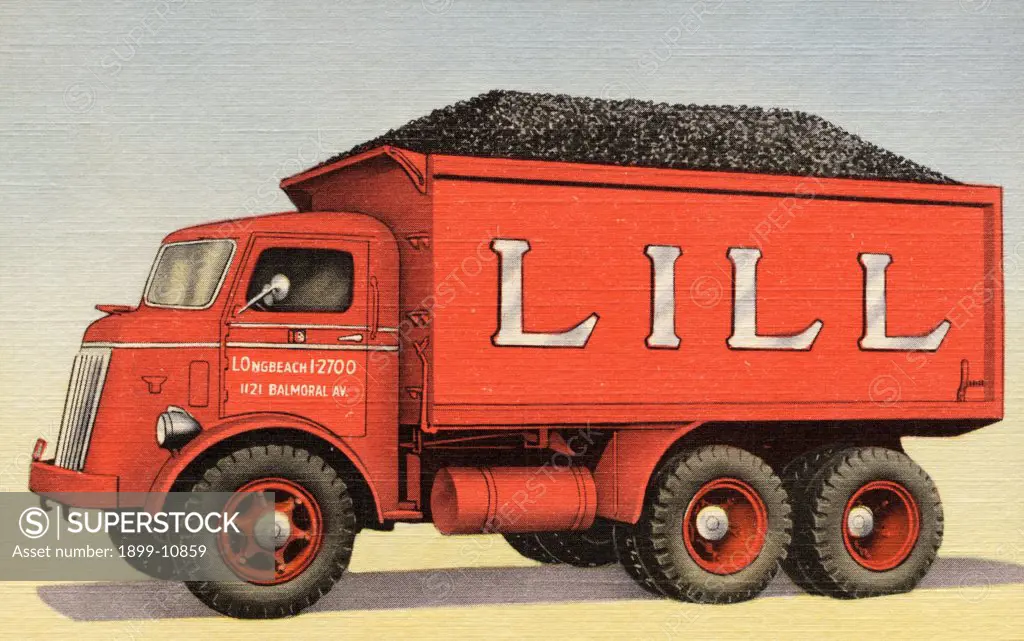 Dump Truck Loaded with Coal. ca. 1949, For'LOADS OF SATISFACTION' CALL FOR THE BIG RED TRUCK WITH THE BIG SILVER LETTERS. LILL COAL LOngbeach 1-2700. 