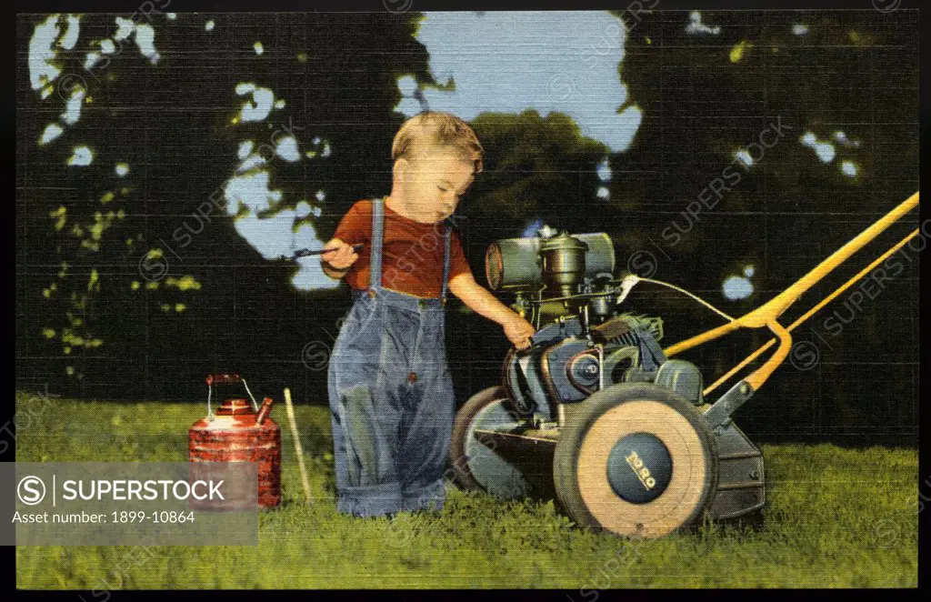 Child Tinkering with a Lawn Mower. ca. 1949, USA, This Little FellowReally doesn't have to worry about service. His daddy's Toro Power Mower is easy to keep running right because of its simple easy-to-understand construction. And to keep customers like his daddy extra happy, we back our dealers with NEAR-BY repair parts, quick service, expert repair jobs and a complete line of quality hand and power mowers. Built right Priced right Serviced right Compare Toro mowerswe think you'll agree they'