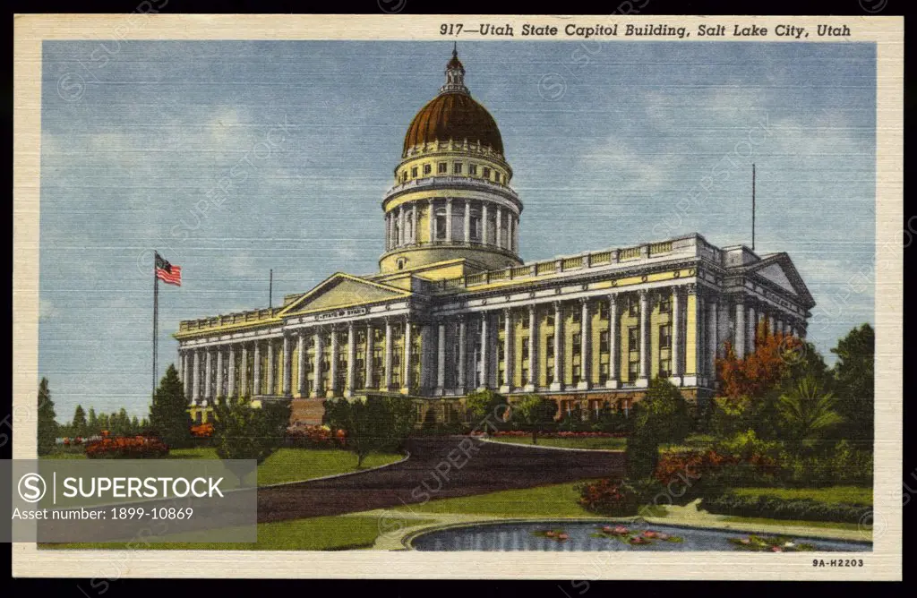 Utah State Capitol Building. ca. 1939, Salt Lake City, Utah, USA, 917-Utah State Capitol Building, Salt Lake City, Utah. UTAH STATE CAPITOL, EXTERIOR. Utah may justly be proud of its State Capitol. The building was finished and formally opened to the public October 9, 1916. From its commanding location, a wonderful view of the whole of Salt Lake Valley may be had. The Capitol proper is 240 feet wide, 404 feet long, and 285 feet high. The general style of architecture is pure Corinthian. The diam