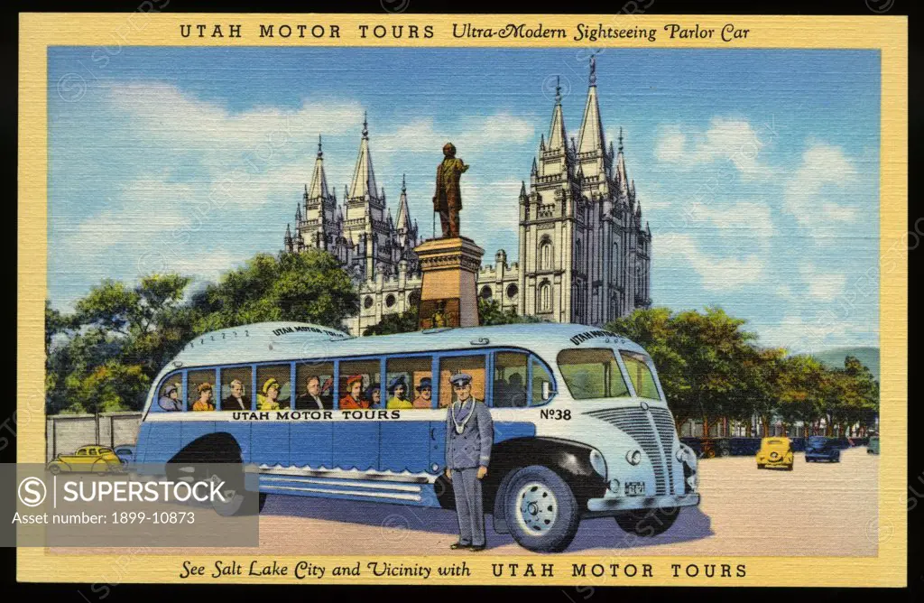 Utah Motor Tours Bus. ca. 1939, Salt Lake City, Utah, USA, UTAH MOTOR TOURS Ultra-Modern Sightseeing Parlor Car. See Salt Lake City and Vicinity with UTAH MOTOR TOURS. Let UTAH MOTOR TOURSLYLE B. NICHOLES, Mgr. 59 W. So. Temple-SALT LAKE CITY, UTAH show you: SALT LAKE CITY, the center of Scenic America. SALTAIR BEACH on Great Salt Lake, the Dead Sea of America. BINGHAM COPPER MINES, the World's largest open cut Copper Mine. TIMPANOGOS CIRCLE, a Beautiful Scenic Drive in the top of the Wasatch M