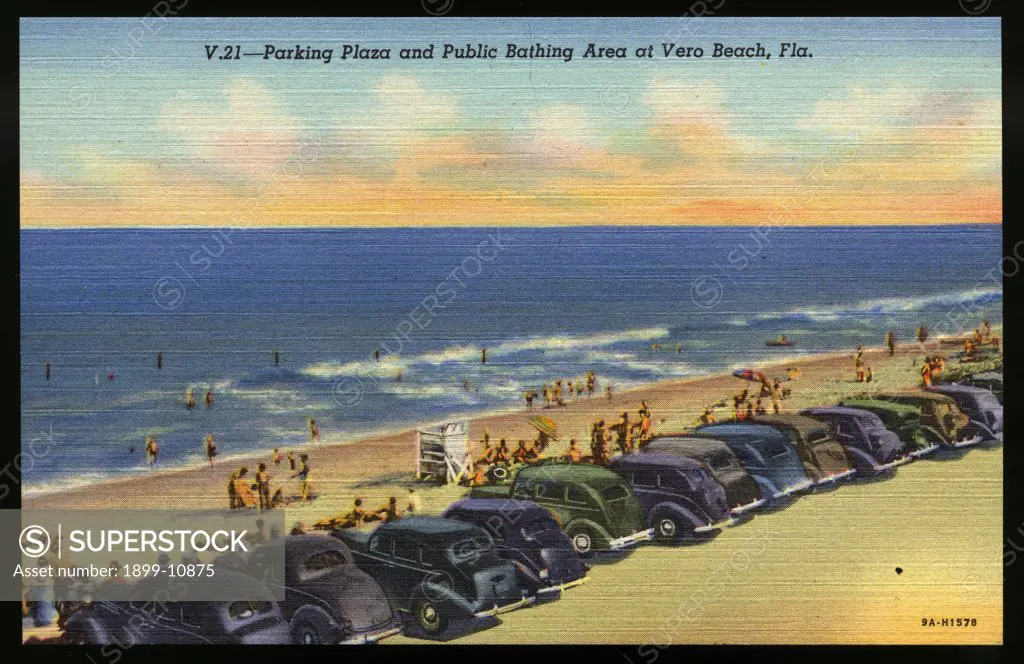 Cars Parked Along Vero Beach. ca. 1939, Vero Beach, Florida, USA, V.21-Parking Plaza and Public Bathing Area at Vero Beach, Fla. 