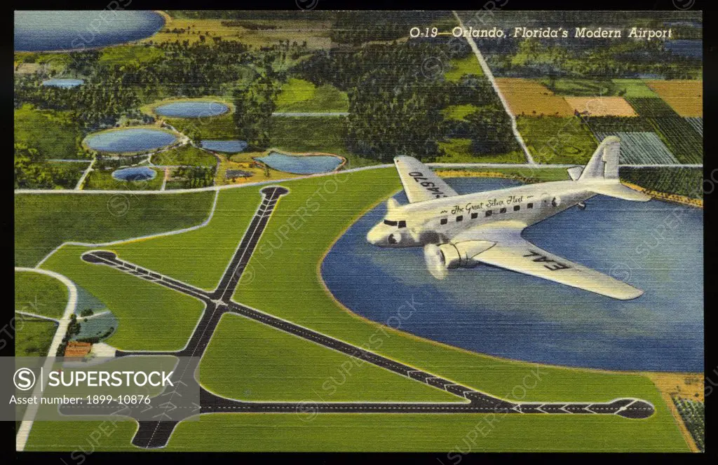 Airliner Above Municipal Airport. ca. 1939, Orlando, Florida, USA, O-19-Orlando, Florida's Modern Airport. Orlando Municipal Airport is the airline terminal of Central Florida and a favorite rendezvous of private flyers. Every modern aviation facility is available to the air traveler. The port is 200 acres in area. 