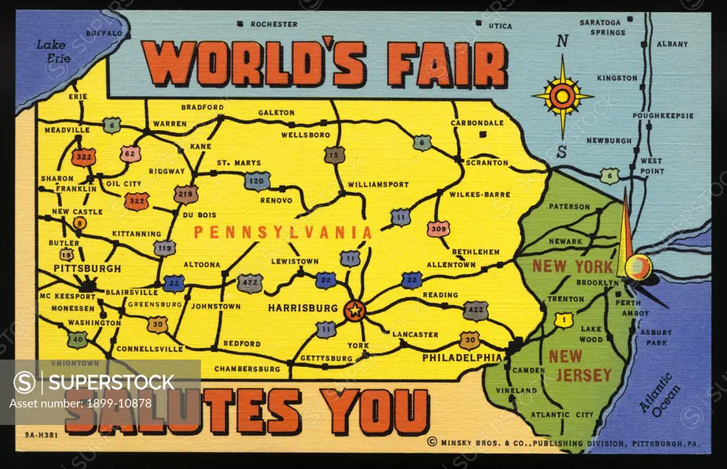 Promotion for World's Fair at New York. ca. 1939, Northeastern USA, ST 305. PennsylvaniaCapital-Harrisburg: New YorkCapital-Albany: New JerseyCapital-Trenton. 