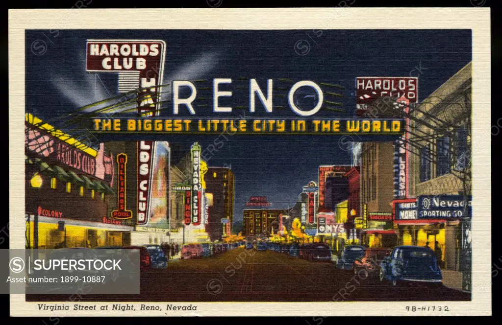 Welcome Sign Above Virginia Street. ca. 1949, Reno, Nevada, USA, Virginia Street at Night, Reno, Nevada. RENO-the largest city in Nevada is ideally situated in fertile meadows, on the banks of the Truckee River, and surrounded by the majestic Sierra Nevada Mountains. The abundant beauties and attractions of this cosmopolitan city, its zestful and sparkling life, justifies the claim to 'The Biggest Little City in the World.' 