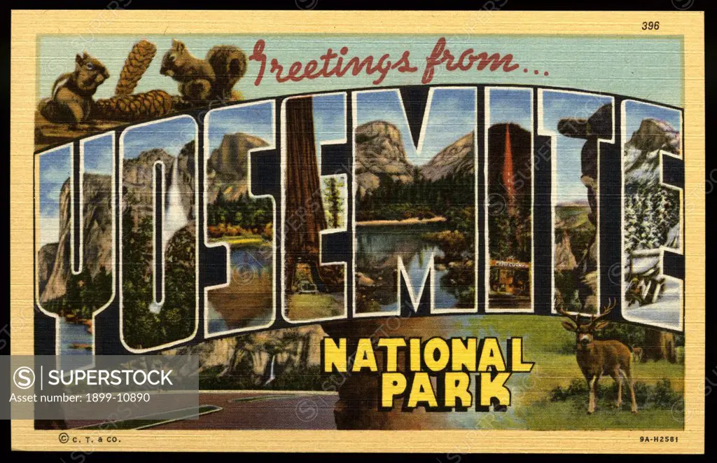 Greeting Card from Yosemite National Park. ca. 1939, Yosemite National Park, California, USA, Yosemite Valley is one of the great scenic wonders of the world. The Valley is approximately 7 miles long and averages 1 1/2 miles in width. The granite cliffs rise three and four thousand feet above the pine forests and green meadows of the level valley floor. Five great waterfalls plunge from these lofty precipices, a display of natural beauty unsurpassed anywhere. The total area of the Park is 1176 s