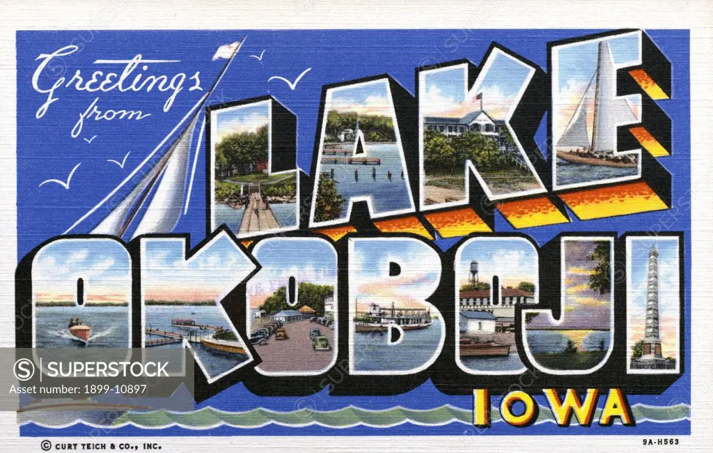 Greeting Card from Lake Okoboji. ca. 1939, Okoboji, Iowa, USA, L-Dixon Point: A-Des Moines Beach: K-The Inn: E-Sailing on Lake Okoboji: O-Speed Boat: K-The State Pier: O-Lake Front Midway: B-The Queen: O-Iowa's Playground, Arnold's Park: J-Sunset on Lake Okoboji: I-Monument of Indian Massacre of 1857. 