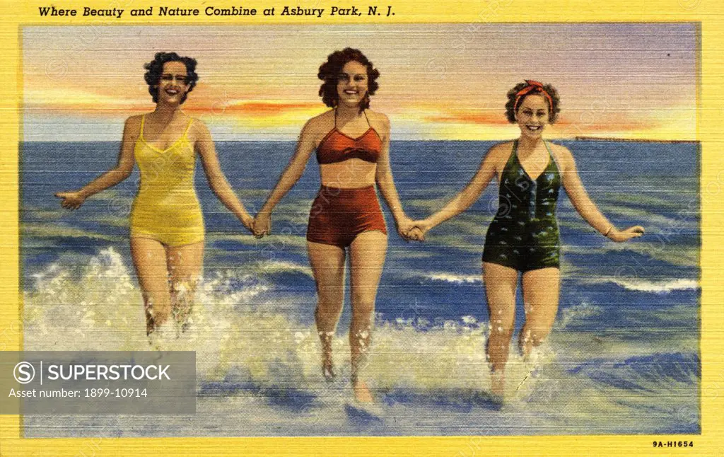 Women Running in the Surf. ca. 1939, Asbury Park, New Jersey, USA, Where Beauty and Nature Combine at Asbury Park, N.J. 