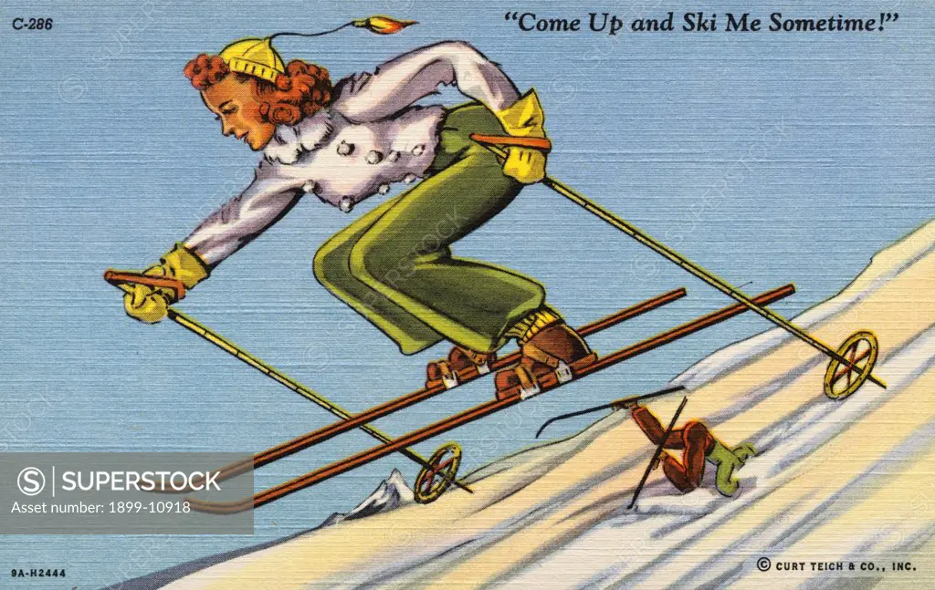 Cartoon of Woman Skiing. ca. 1939, Cartoon of Woman Skiing 