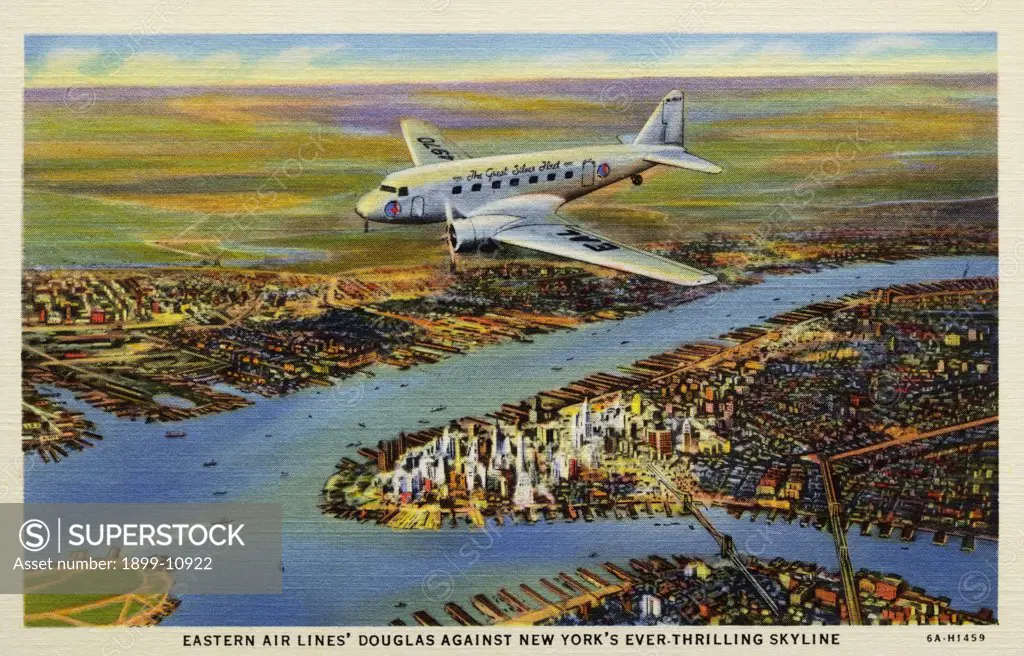 Eastern Airlines Plane Above New York. ca. 1936, New York, New York, USA, EASTERN AIR LINES' DOUGLAS AGAINST NEW YORK'S EVER-THRILLING SKYLINE. The Eastern Air Lines' Douglas and New York's skyline provide a moving picture of American industry, aground and aloft. 