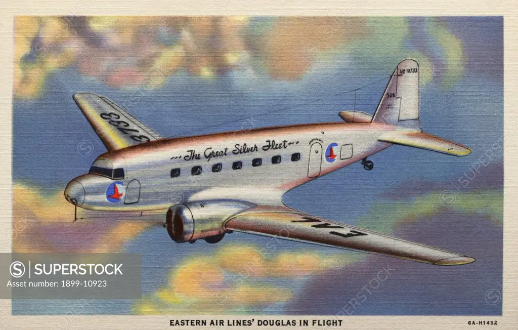 Eastern Airlines Douglas Plane. ca. 1936, USA, EASTERN AIR LINES' DOUGLAS IN FLIGHT. Travel at three miles a minute in easy-chair comfort is the experience of wise travelers who ride Eastern Air Lines' giant Douglas Transports. 