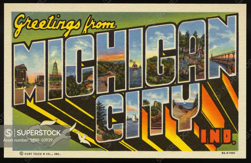 Greeting Card from Michigan City, Indiana. ca. 1939, Michigan City, Indiana, USA, M-Franklin St.: I-Monkey Island: C-Sand Dunes: H-Sunset: I-Harbor: G-Sand Dunes: A-Rock Gardens: N-Fishing: C-Lake Michigan: I-Harbor Scene: T-Observation Tower: Y-Sand Dunes. 