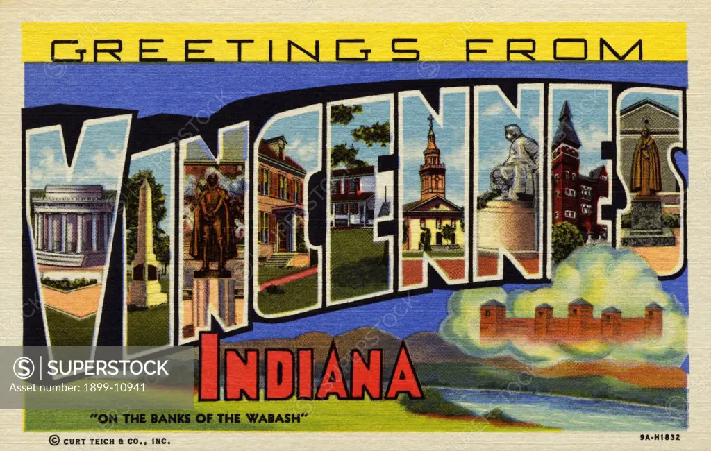 Greeting Card from Vincennes, Indiana. ca. 1939, Vincennes, Indiana, USA, VINCENNES, IND., has long been regarded the most historical spot in the United States. Although records prove Vincennes was founded in 1702, many historians contend this now beautiful and romantic city was settled as early as 1609. Vincennes has lived under six flags, namely: Indian flag (Red), Spanish, French, British, Clark or Vincennes flag, and the American flag. Thousands of tourists representing every state in the un