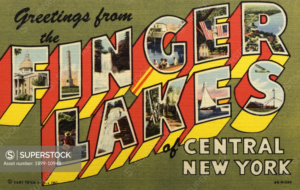 Greeting Card from Finger Lakes. ca. 1949, New York, USA, One of the great vacation and tourist centers of America is the Finger Lakes Region of Central New York. It was the Garden of Eden of the Red Men. F-Historical Canandaigua Court House: I-General John Sullivan's Monument, near Waverly: N-Taughannock Falls, near Ithaca: G-Skaneateles Lake: E-The Historical Scythe Tree: R-Geneva Harbor, Seneca Lake: L-Famous Catharine Creek Trout Stream: A-Lucifer Falls, Robert Treman State Park, near Ithaca