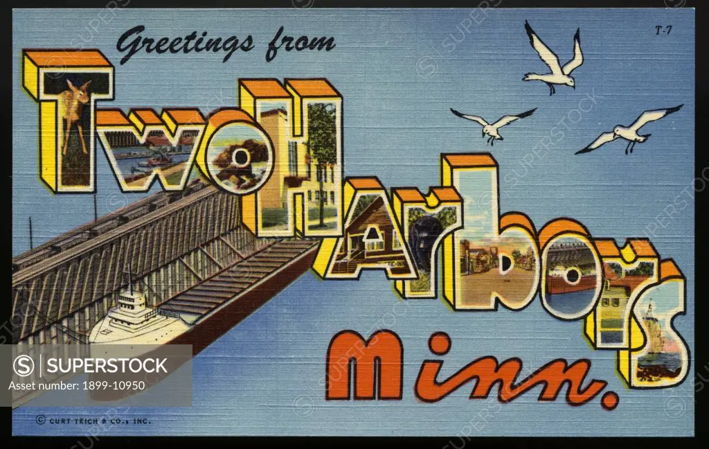 Greeting Card from Two Harbors, Minnesota. ca. 1949, Two Harbors, Minnesota, USA, Two Harbors, Minn. is situated on Agate and Burlington Bays and has been an important loading point for iron ore since the year, 1884. Besides viewing the loading of huge boats from a park opposite the docks, visitors may enjoy superb scenery right in Two Harbors and vicinity. Their golf course has a beautiful natural setting overlooking Lake Superior. Commercial fishing villages along the shore are picturesque and