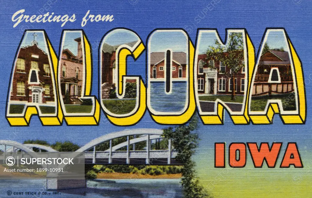 Greeting Card from Algona, Iowa. ca. 1949, Algona, Iowa, USA, Algona, County Seat of Kossuth County, is located on U.S. Highways 18 and 169 in the rich farming country of Northern Iowa. Algona has a population of over 6500. A-St. Cecelia School: L-Kossuth County Court House: G-Public Library: O-Municipal Pool: N-High School: A-Ambrose Call State Park. 