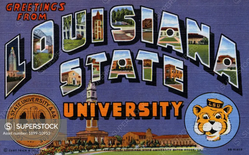 Greetings from Louisiana State University Postcard. ca. 1949, Louisiana, USA, Greetings from Louisiana State University Postcard 