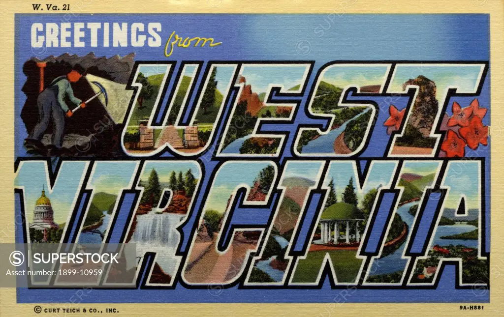 Greeting Card from West Virginia. ca. 1939, West Virginia, USA, W-Prehistoric Mound: E-Seneca Rock: S-New River Canyon: T-Pinnacle Rock: V-State Capitol: I-New River Canyon: R-Blackwater Falls: G-Deepest Highway Cut: I-Blackwater Canyon: N-White Sulphur Spring: I-New River Canyon: A-Tri-State View. 