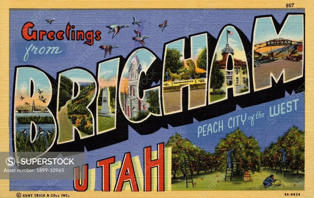 Greeting Card from Brigham, Utah. ca. 1939, Brigham, Utah, USA, Brigham, fifth largest city in Utah, is nestled in the foothills of the vast Rocky Mountain range. Because of the city's beauty, the unusual luscious peaches and the beautiful girls, Brigham is known as the 'Peach City of the West.' Brigham is the gateway to the largest manmade migratory bird refuge in the world and is visited by thousands of tourists annually. 