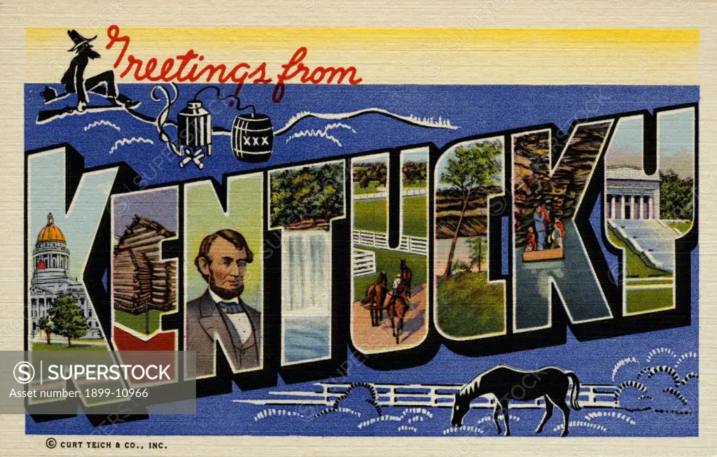 Greeting Card from Kentucky. ca. 1939, Kentucky, USA, KENTUCKY-An Iroquois word meaning 'Meadow Land'. It was visited by Indian tribes from as far west as the Rocky Mountains, before 1750. The first white settlement was at Harrodsburg in 1774. Kentucky was the second district west of the Alleghenies to be settled and the first of that area (1792) to become a state. 