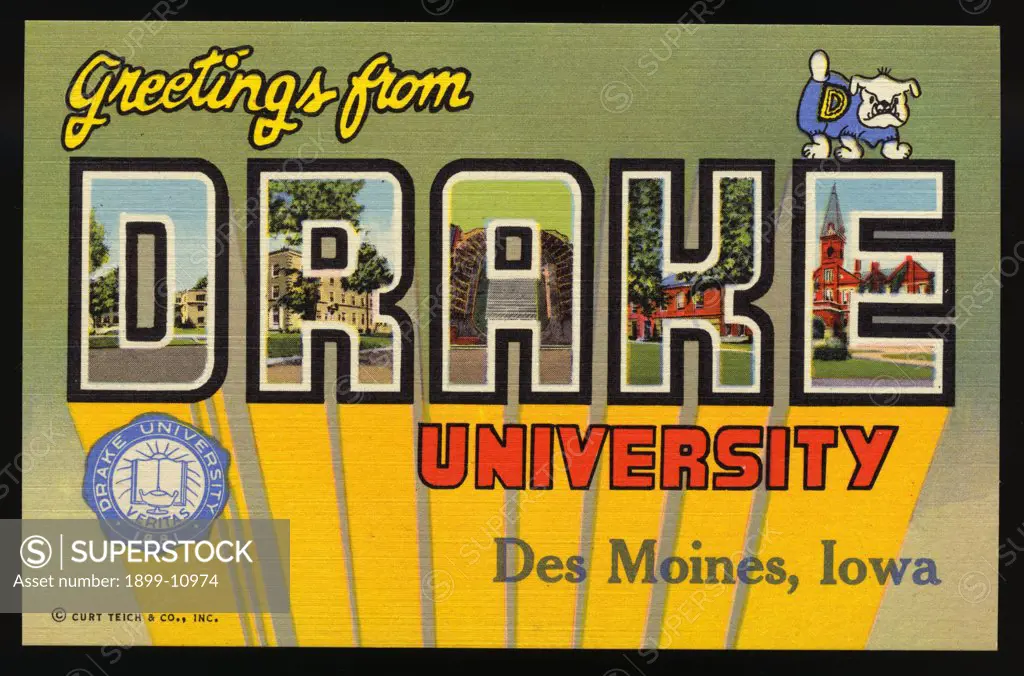 Postcard from Drake University. ca. 1946, Des Moines, Iowa, USA, D-Student Union Building: R-Main Women's Dormitory: A-Stadium: K-Cowles Library: E-Main Building. 