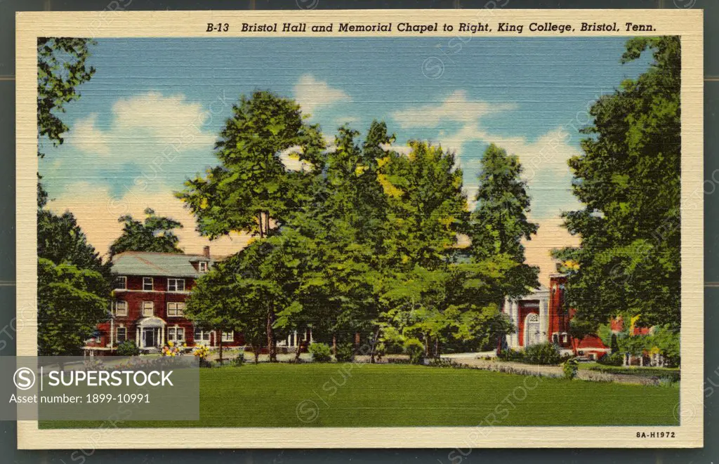 Grounds of King College in Bristol, Tennessee. ca. 1938, Bristol, Tennessee, USA, B-13. Bristol Hall and Memorial Chapel to Right, King College, Bristol, Tenn. 