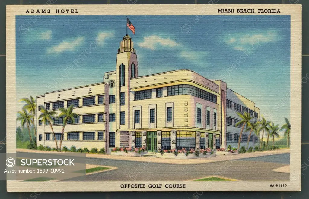 Adams Hotel. ca. 1938, Miami Beach, Florida, USA, ADAMS HOTEL, MIAMI BEACH, FLORIDA. OPPOSITE GOLF COURSE. ADAMS HOTEL, Park Avenue at 21st, MIAMI BEACH. 