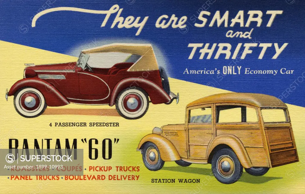Advertisement for American Bantam Cars. ca. 1938, For Business or Pleasure. TRAVEL AT 1/2 CENT PER MILE. Bantam prices begin at $399 for the Standard Coupe delivered complete at the factory including full equipment and Federal Taxes. The American Bantam Car Company, BUTLER, PA. 
