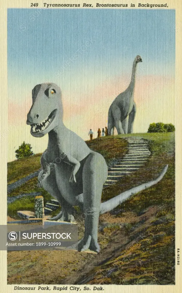 Dinosaur Park in Rapid City, South Dakota. ca. 1938, Rapid City, South Dakota, USA, 249 Tyrannosaurus Rex, Brontosaurus in Background, Dinosaur Park, Rapid City, So. Dak. 