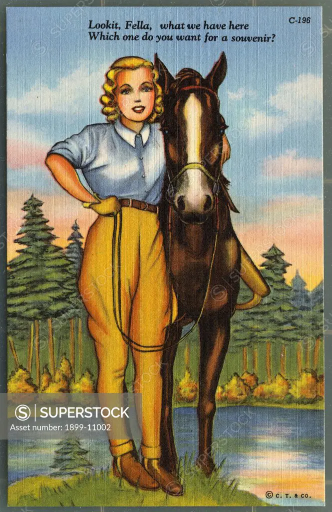 Woman Standing with Horse. ca. 1938, Lookit, Fella, what we have here, Which one do you want for a souvenir 