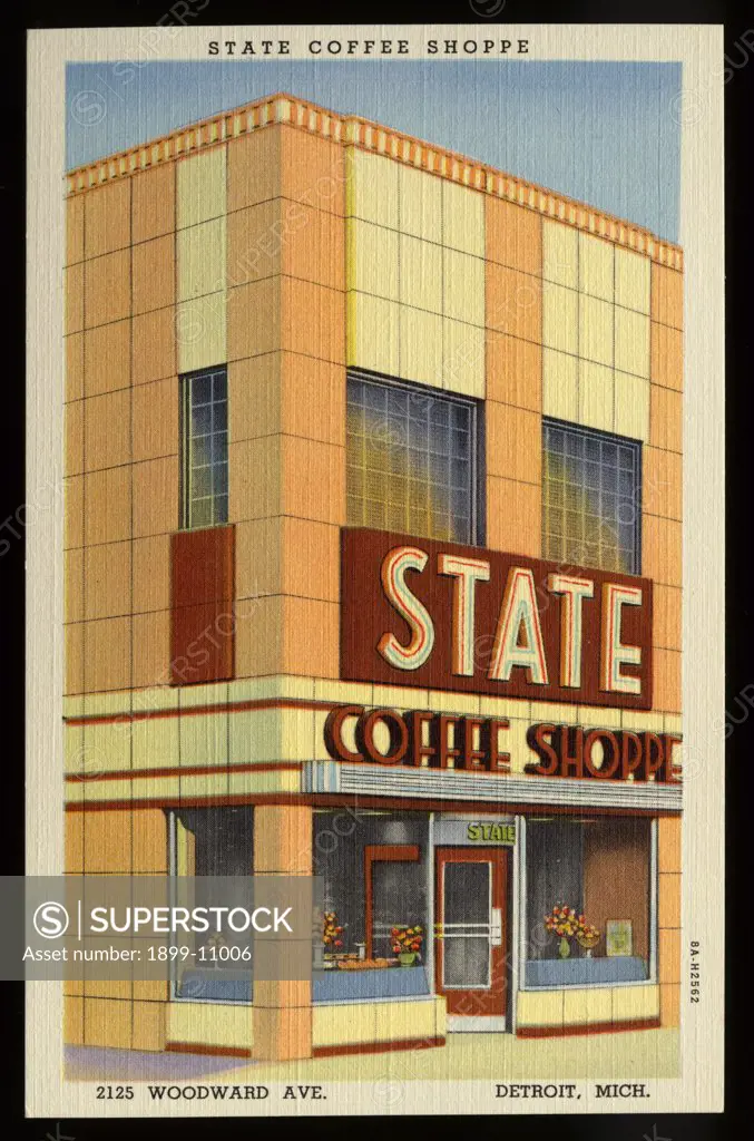 State Coffee Shoppe. ca. 1938, Detroit, Michigan, USA, STATE COFFEE SHOPPE, 2125 WOODWARD AVE. DETROIT, MICH. One of the Most Popular Places in Detroit. LOCATED BETWEEN THE FOX AND PALMS-STATE THEATRES. Serves over fifteen hundred people a day Air-conditioning-French-Drip Coffee, Home made pies and pastries. When in Detroit, visit the STATE COFFEE SHOPPE. 