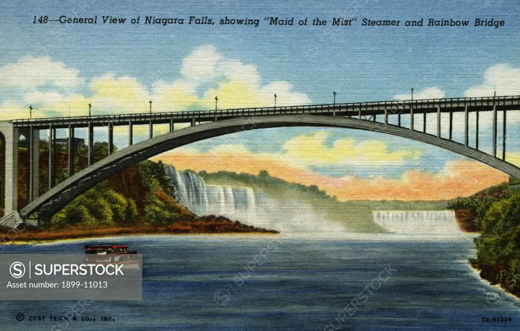 Rainbow Bridge near Niagara Falls. ca. 1947, Buffalo, New York, USA, 148-General View of Niagara Falls, showing 'Maid of the Mist' Steamer and Rainbow Bridge. 