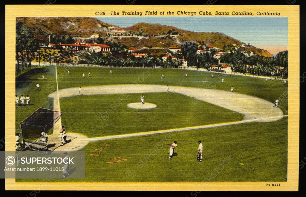 Training Field for the Chicago Cubs. ca. 1947, Santa Catalina Island, California, USA, C-29-The Training Field of the Chicago Cubs, Santa Catalina, California. BASE BALL PARK, SANTA CATALINA. The Chicago Cubs, National League baseball team, engages in Spring training each year at Catalina. 