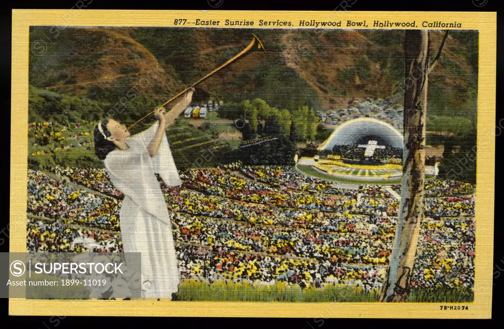Easter Service at Hollywood Bowl. ca. 1947, Hollywood, Los Angeles, California, USA, 877-Easter Sunrise Services, Hollywood Bowl, Hollywood, California. The Hollywood Bowl is a large natural outdoor amphitheatre in the Hollywood foothills, where during the summer months 'Symphonies Under the Stars' are given, under the baton of nationally known directors. Easter sunrise services observed here each year-seating capacity-30,000. 