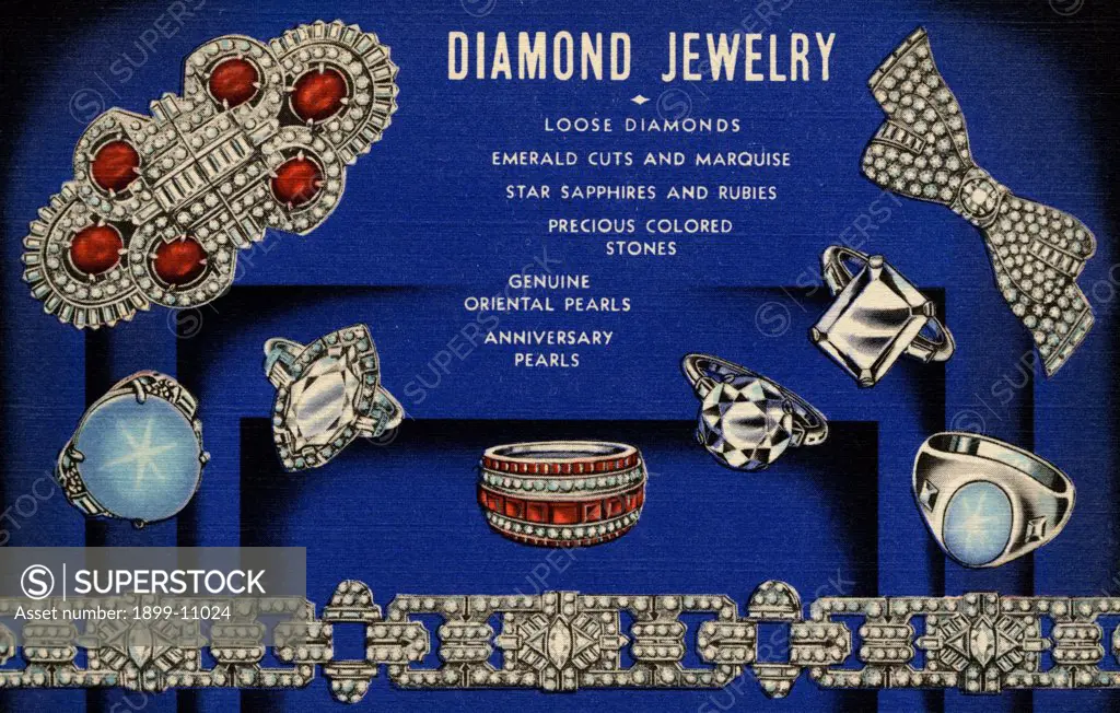 Advertisement for Diamond Jewelry. ca. 1938, MAYBAUM BROTHERS, Inc. 48 West 48th Street, NEW YORK, N.Y. Wish you were here now-you should see the many unusual 'buys' we have in Diamond Bracelets, Clips, Rings, Fancy Diamonds, Precious Colored Stones and Loose Diamonds, in all size: and Genuine Oriental Pearls. Maxwell R. Maybaum. 